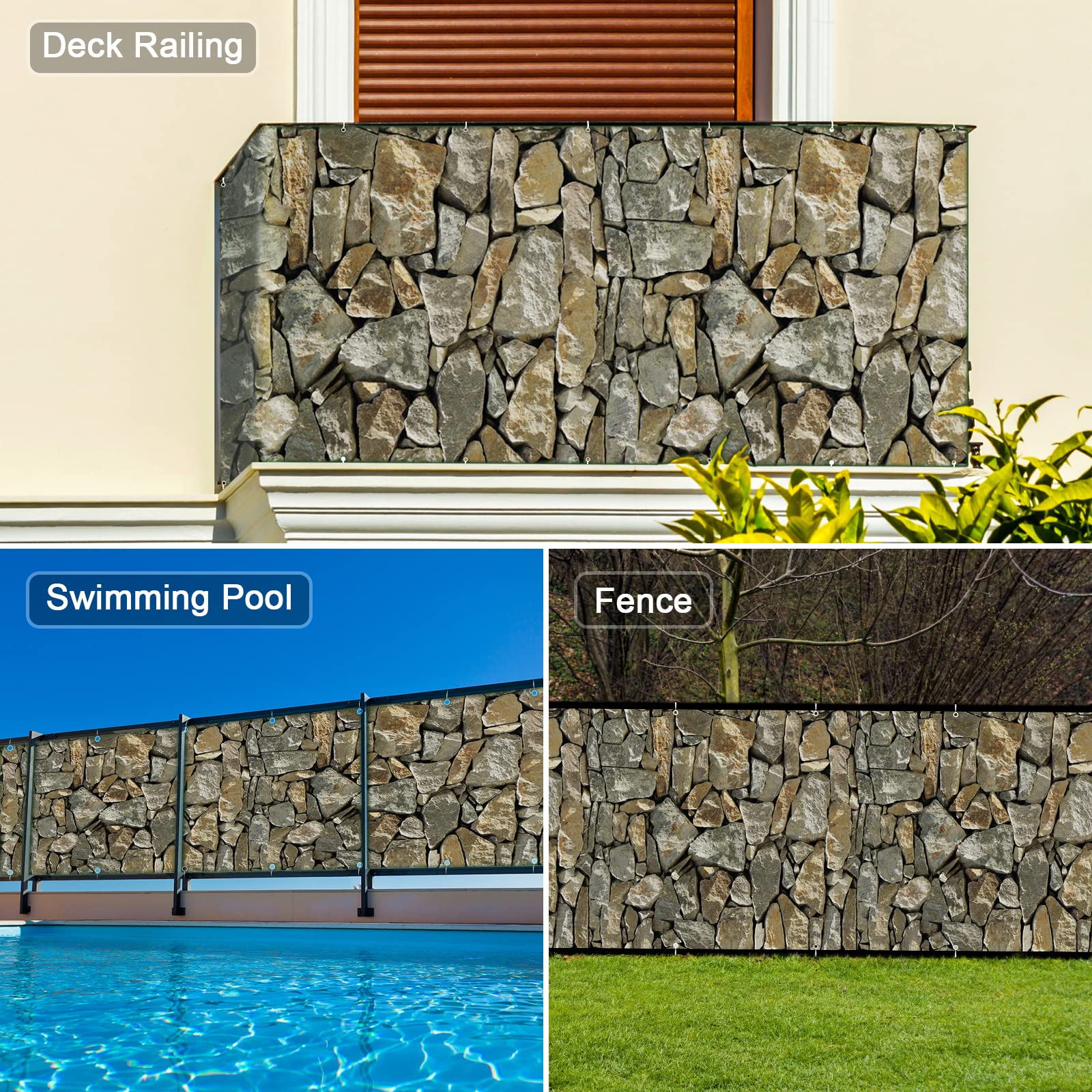 NAIMORUI balcony privacy screen stone shown providing sun shading for outdoor comfort.