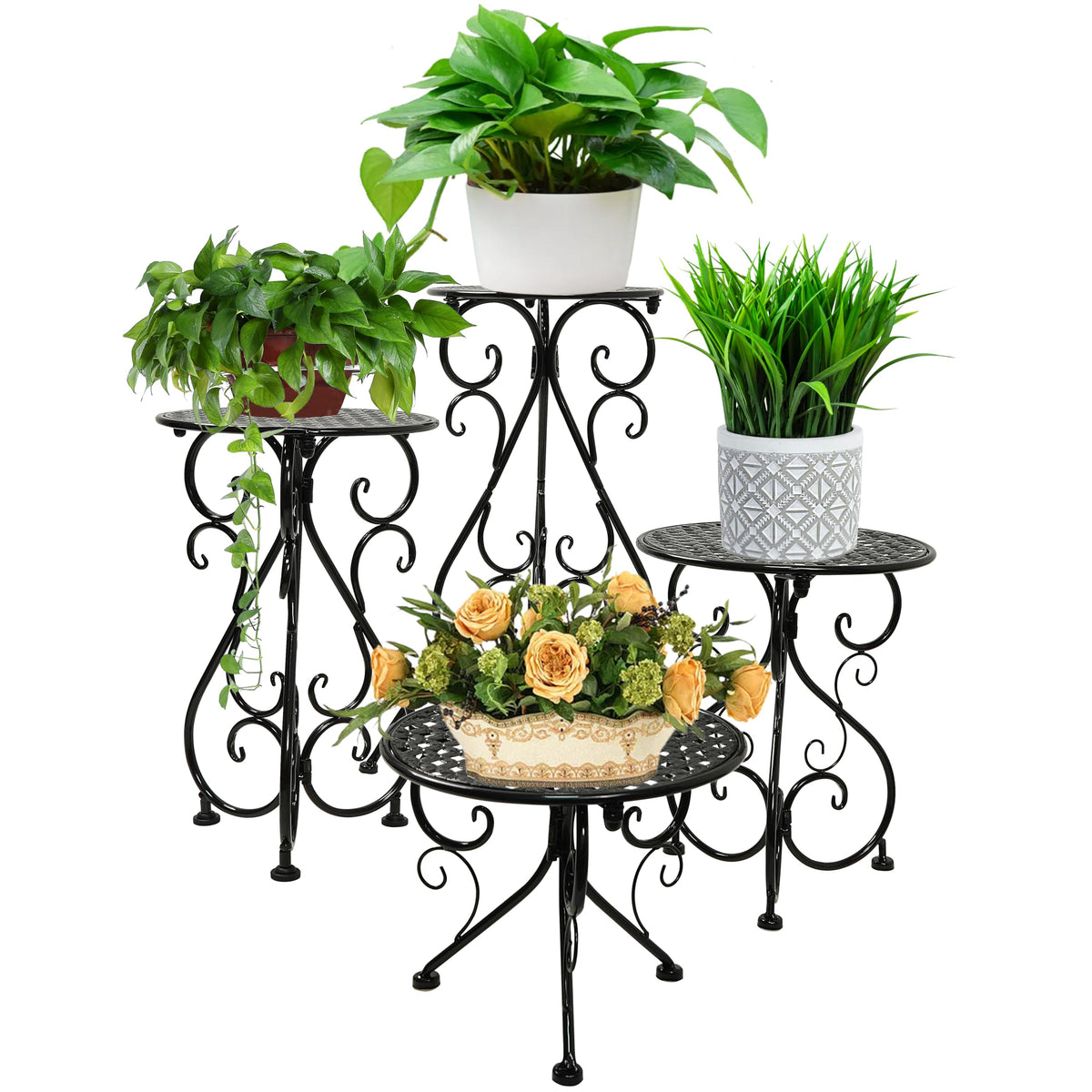 NAKUPE 4-pack metal plant stand in black for indoor and outdoor display.