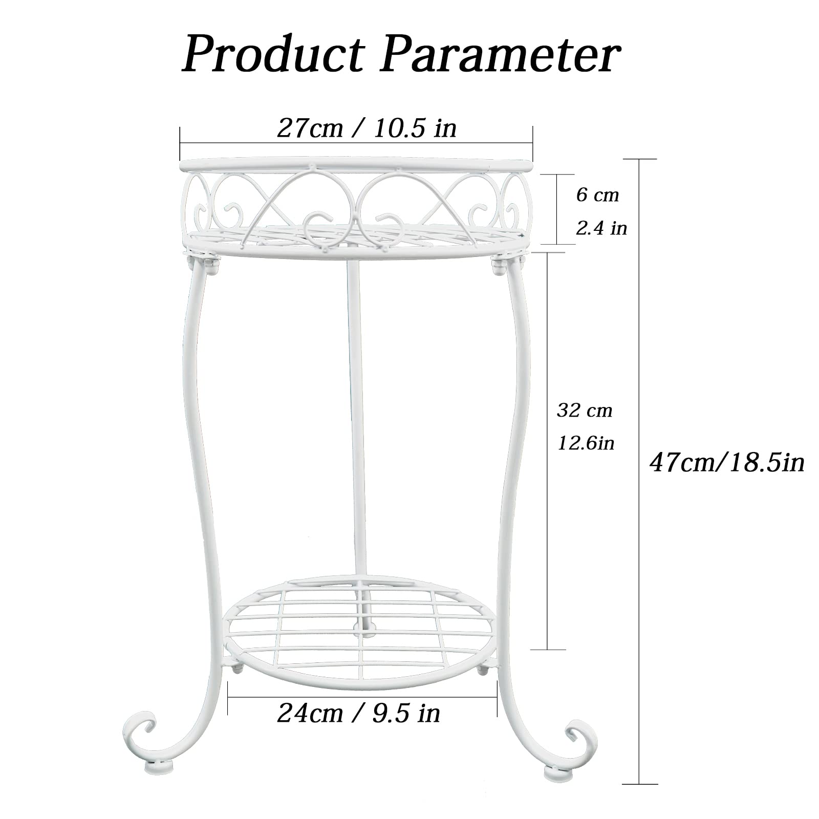 NAKUPE white metal plant stand bottom basket fits 9.5-inch pots.
