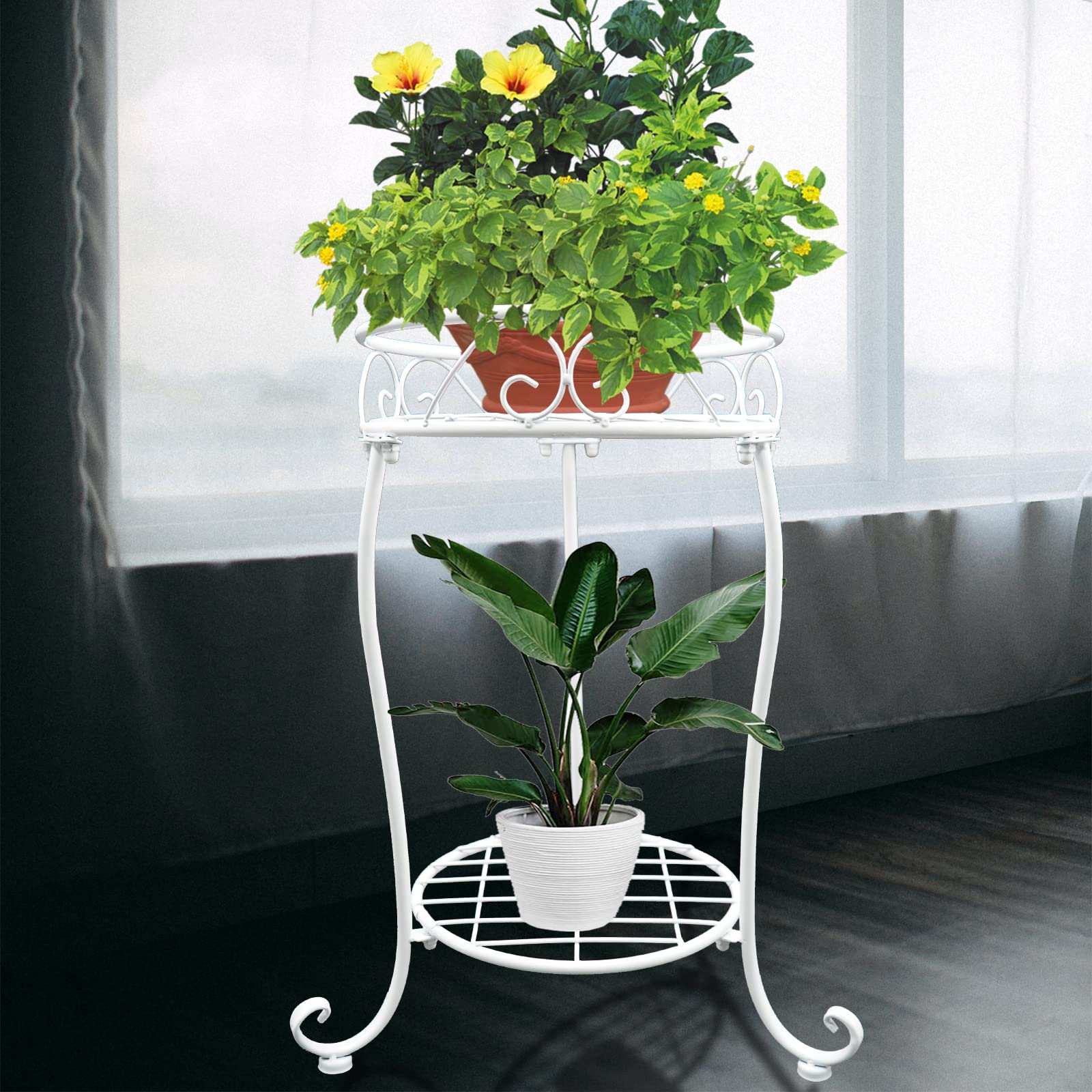 NAKUPE white metal plant stand top basket supports 10.5-inch pots.