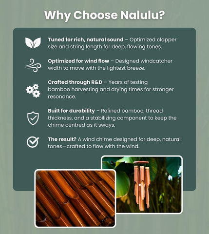 Nalulu Classic Bamboo Wind Chime reinforced bamboo feature promises outdoor durability.