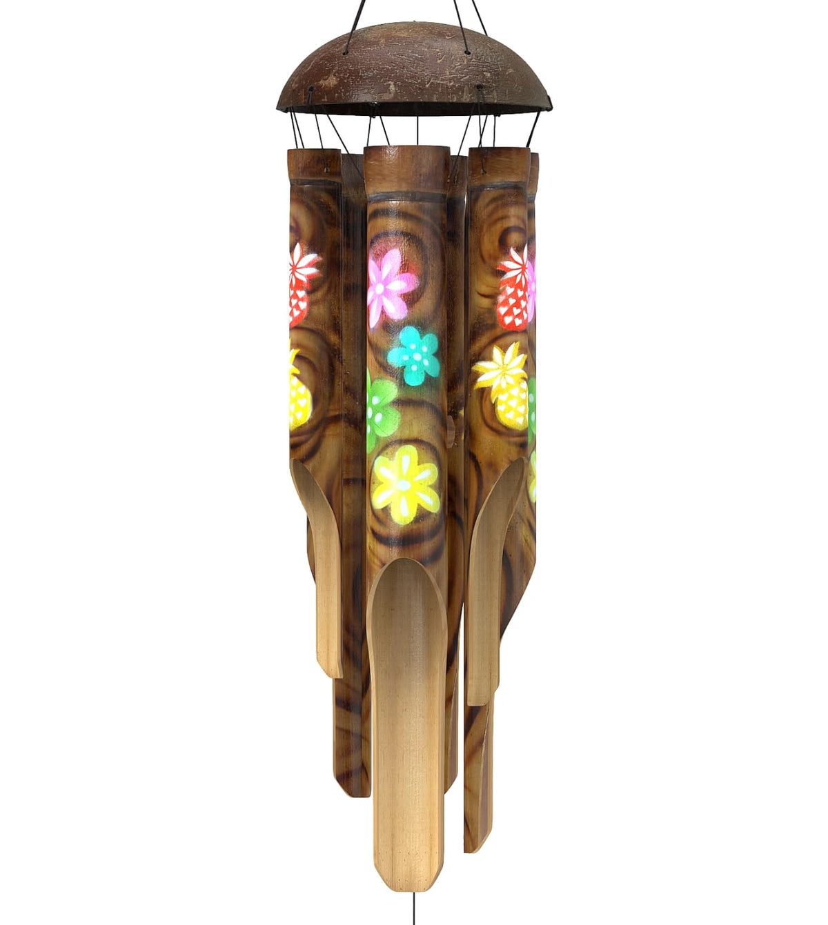 Nalulu Piney Bamboo Wind Chime with coconut crown creates a calm, tropical outdoor ambiance
