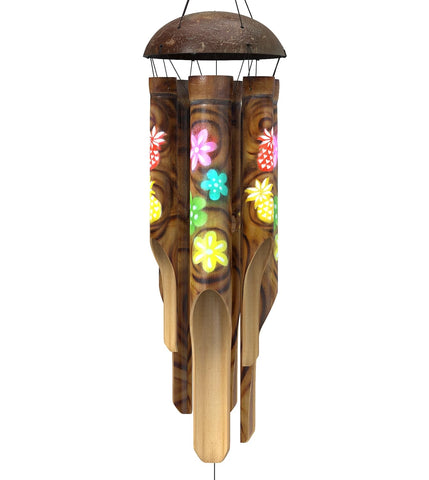 Nalulu Piney Bamboo Wind Chime with coconut crown creates a calm, tropical outdoor ambiance