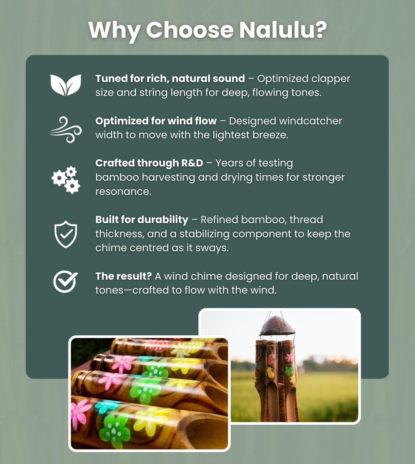 Reinforced bamboo and sturdy construction of Nalulu Piney wind chime