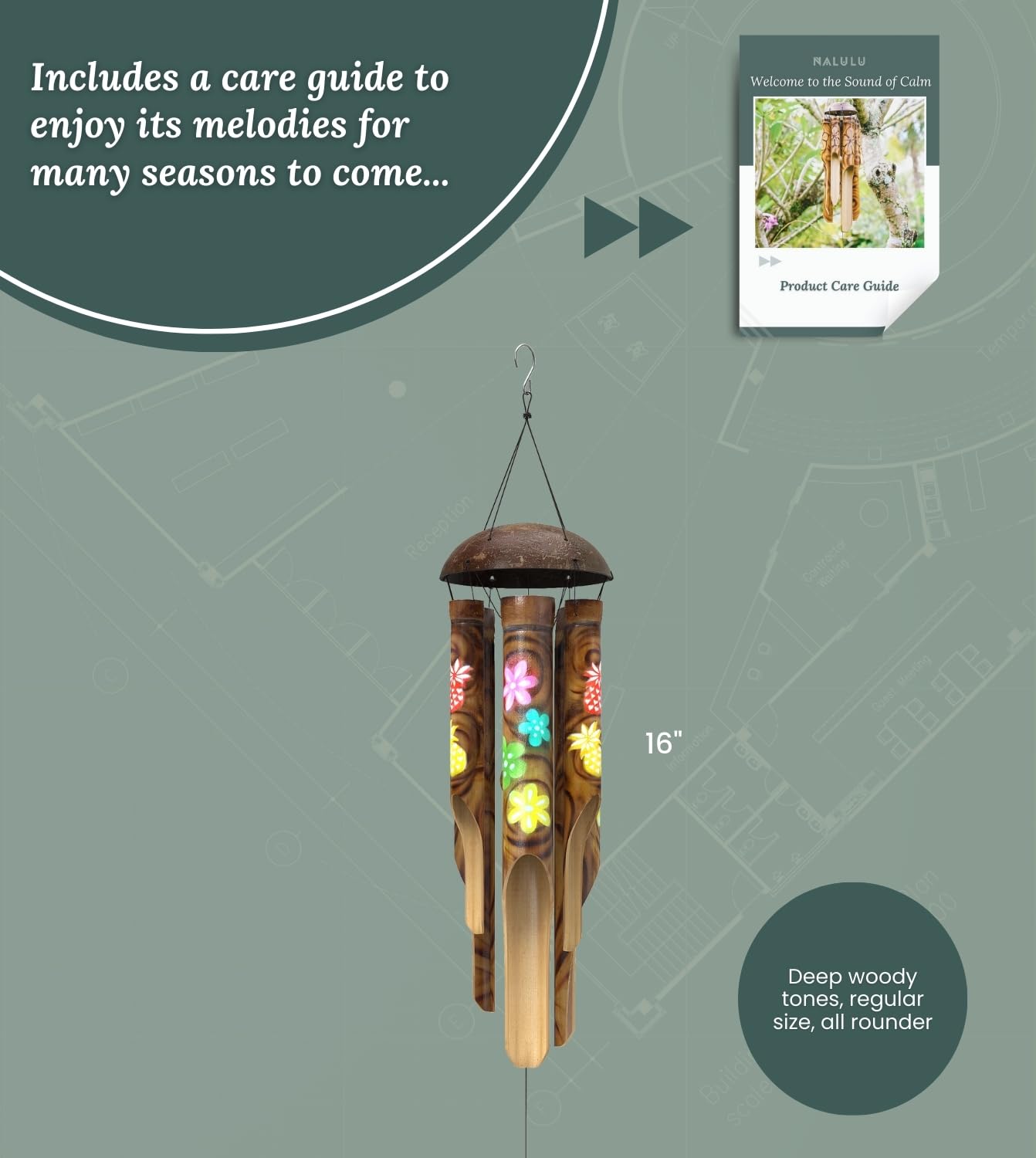 Thickened thread and stabilizing component on Nalulu Piney wind chime