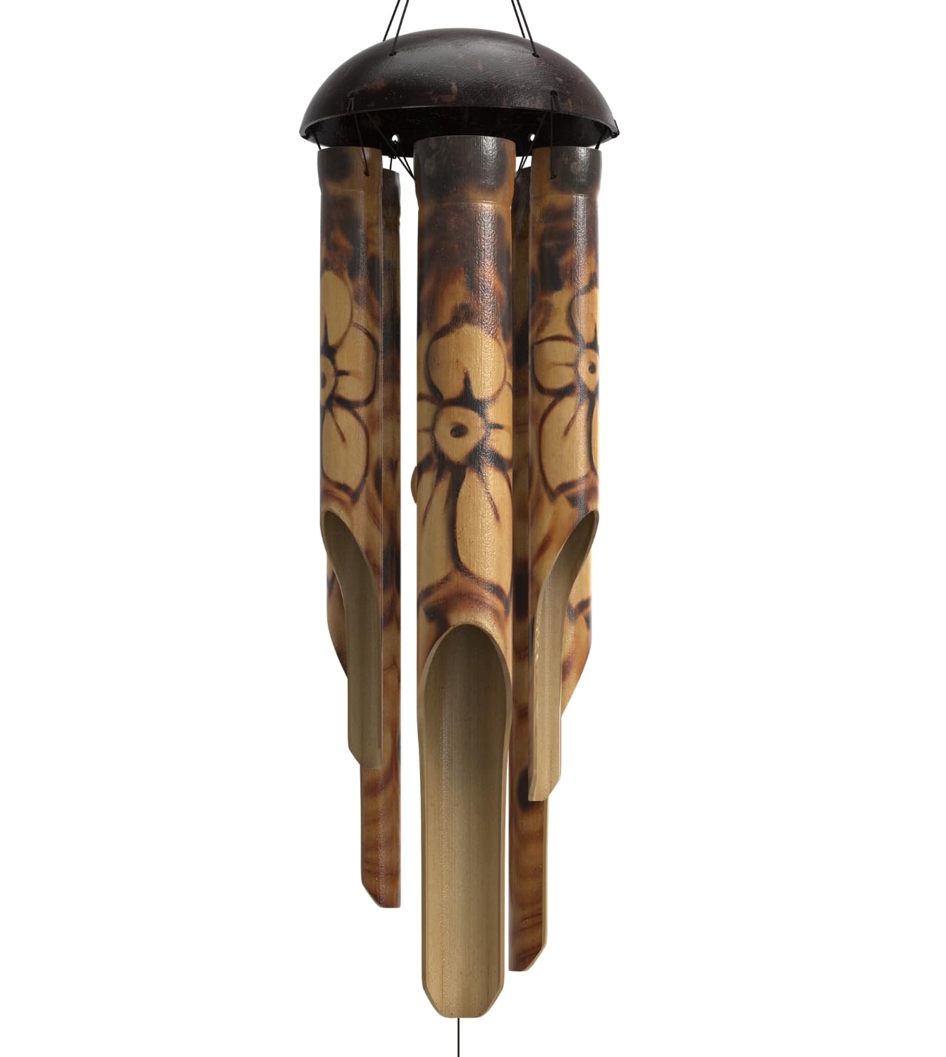 Nalulu Rustic Bamboo Wind Chimes outdoors with floral burned design and coconut crown for calming ambiance