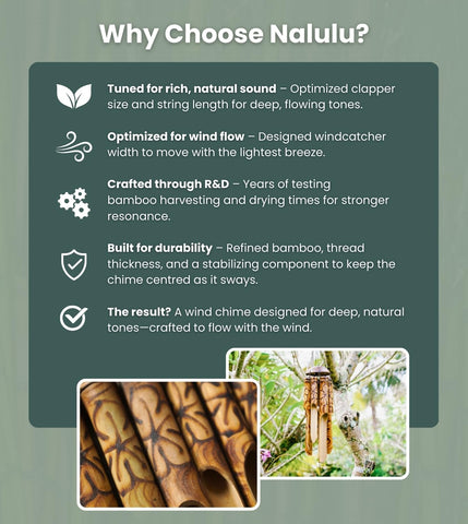 Nalulu Rustic Bamboo Wind Chimes showing sturdy thread and stabilizing core for balance