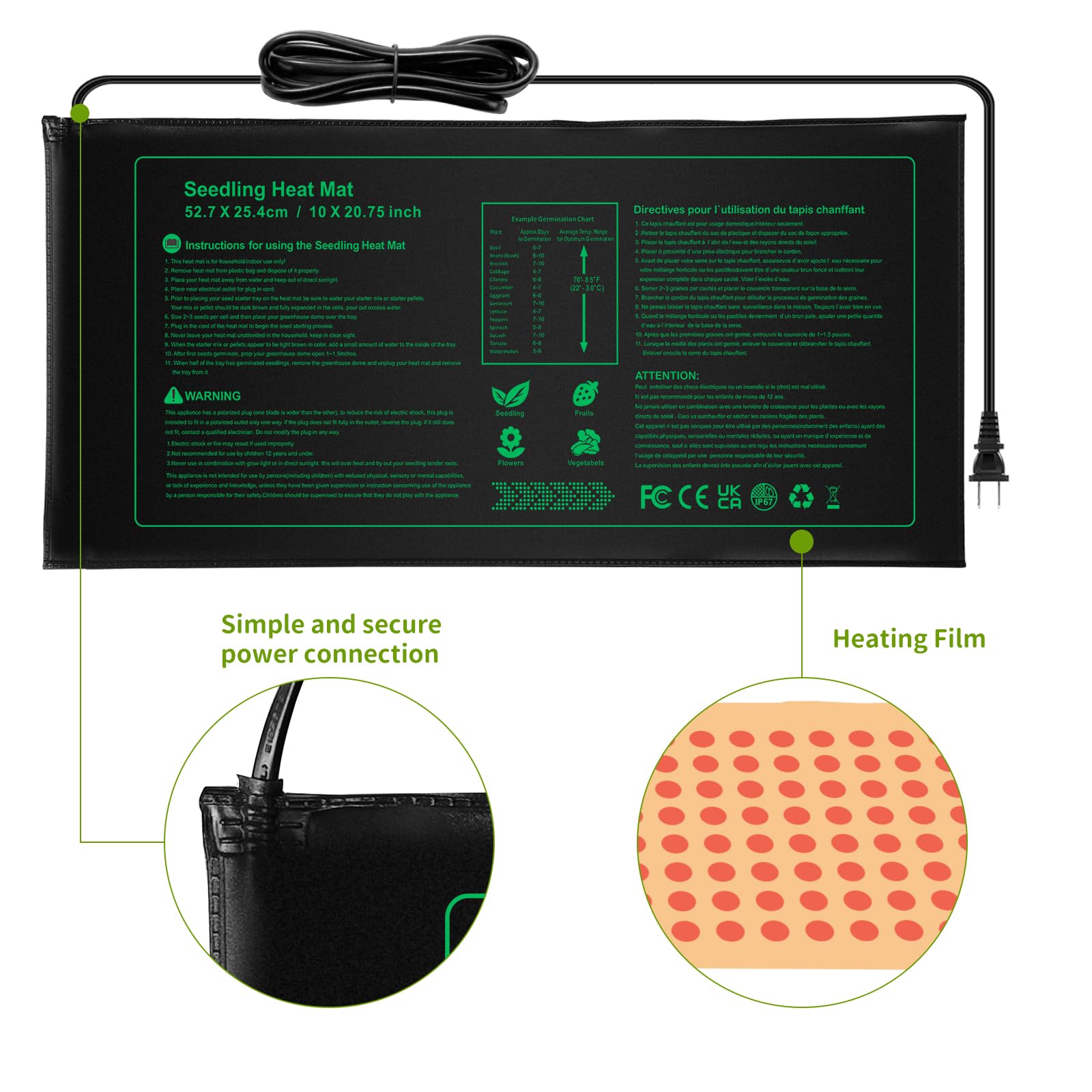 NAMOTEK seedling heat mat 18W label detail showing specs for planning.