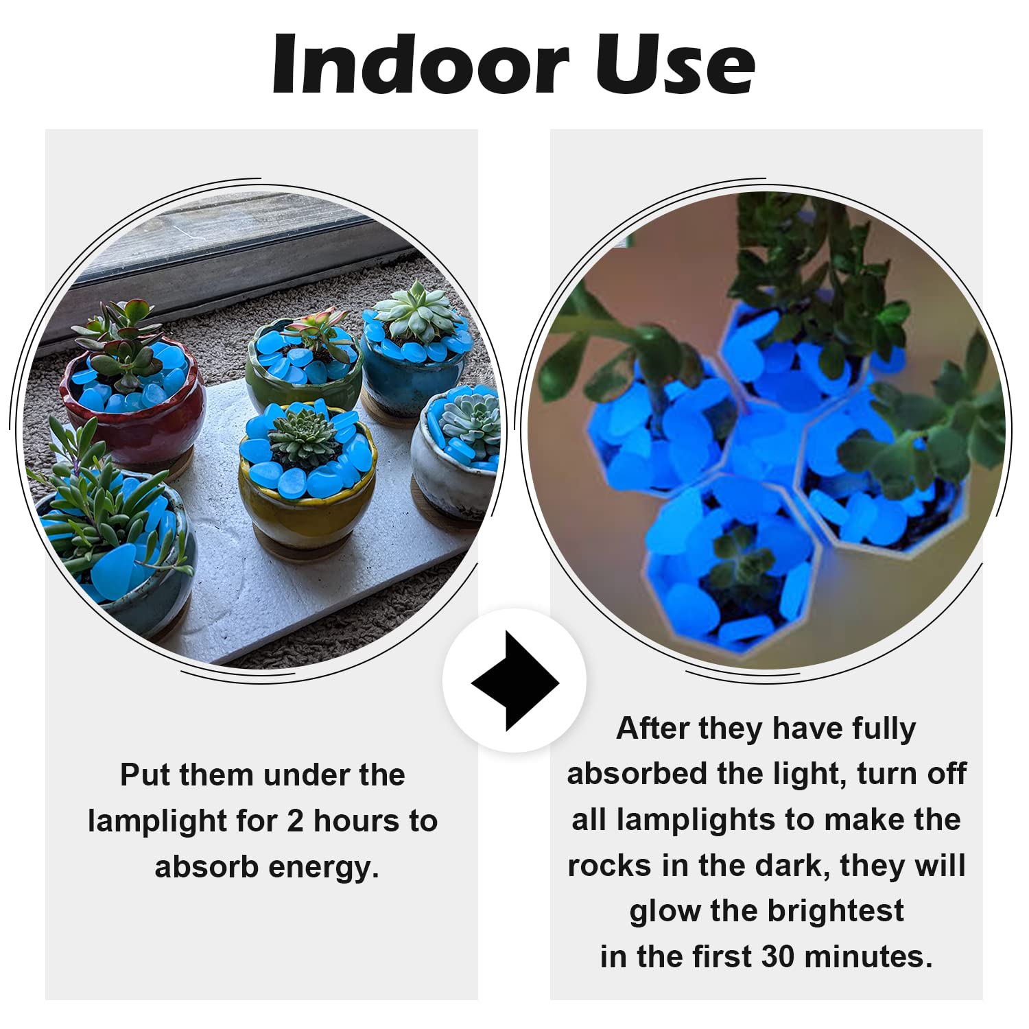 NAMTSO Glow in The Dark Rocks illuminate a garden path with blue glow at night