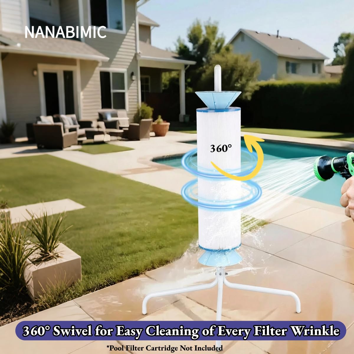 NANABIMIC stand in use demonstrating 360-degree cleaning for thorough pleats.