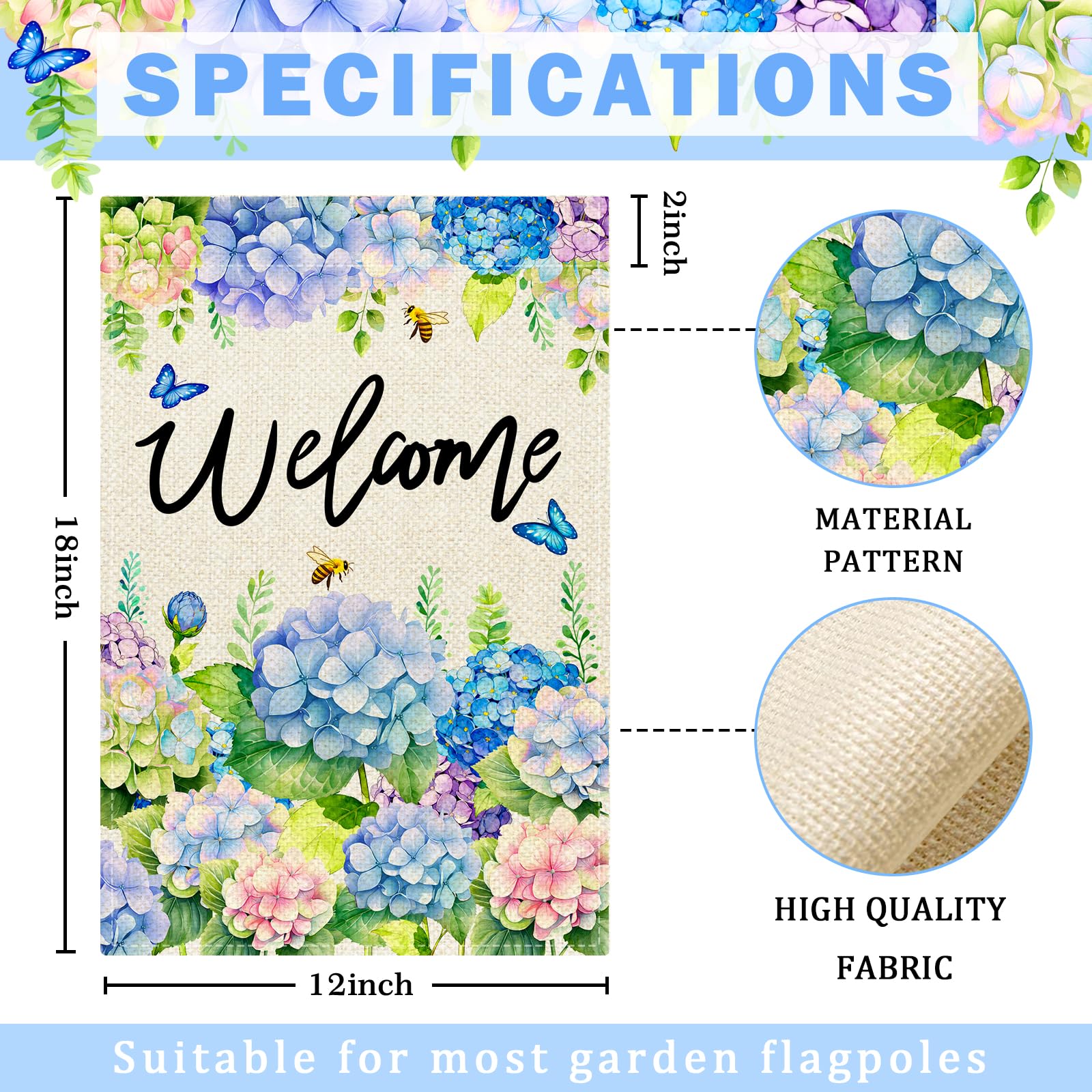 Nanafast hydrangea spring flag back view displays a two-sided welcome design.