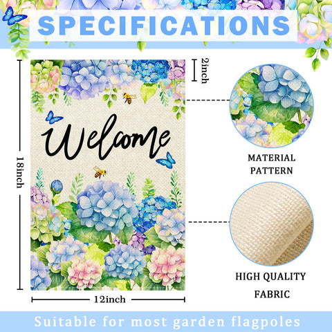 Nanafast hydrangea spring flag back view displays a two-sided welcome design.
