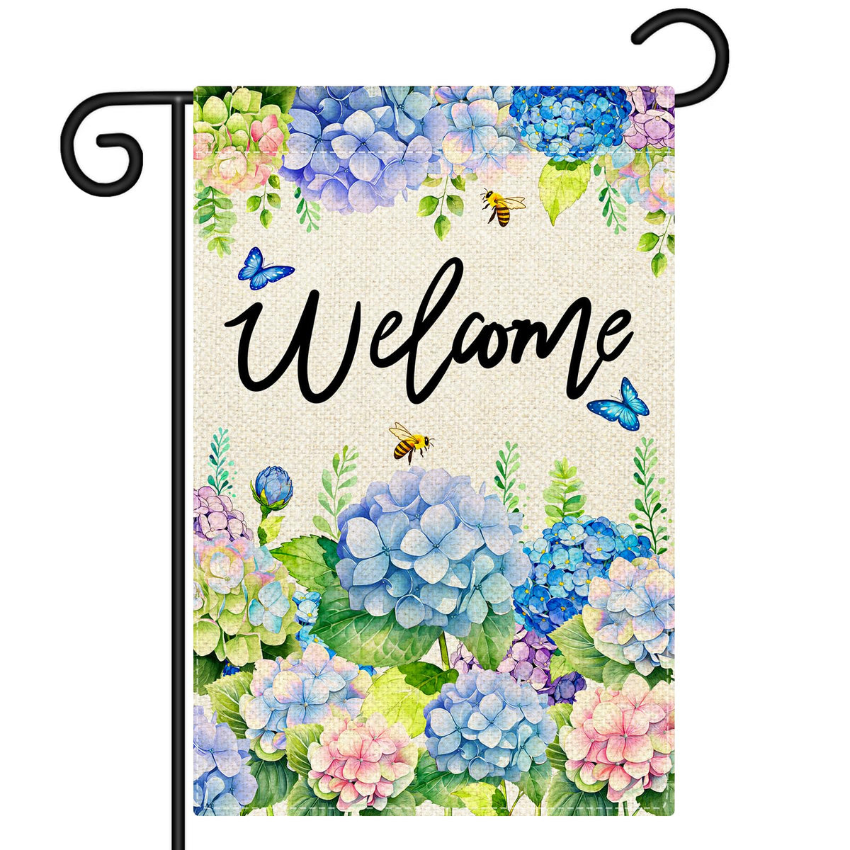 Nanafast hydrangea spring flag front view shows vibrant blooms for welcoming outdoor spaces.