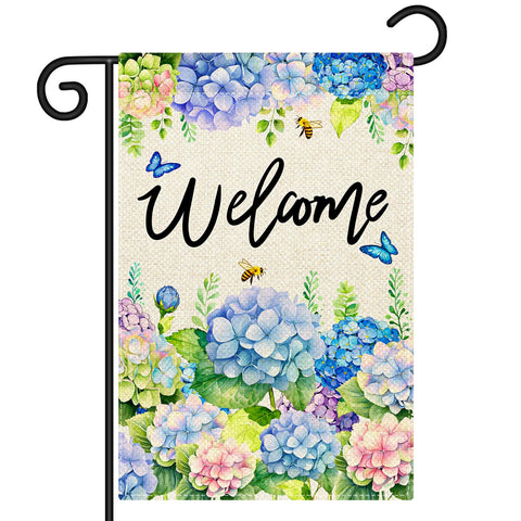 Nanafast hydrangea spring flag front view shows vibrant blooms for welcoming outdoor spaces.
