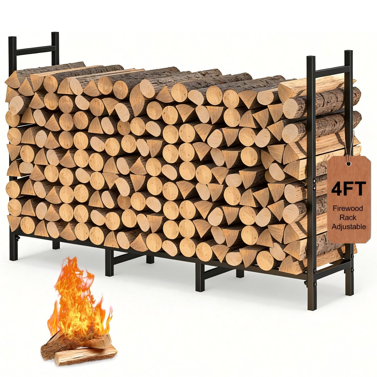 NANANARDOSO 4FT firewood rack outdoors keeps logs organized and dry.