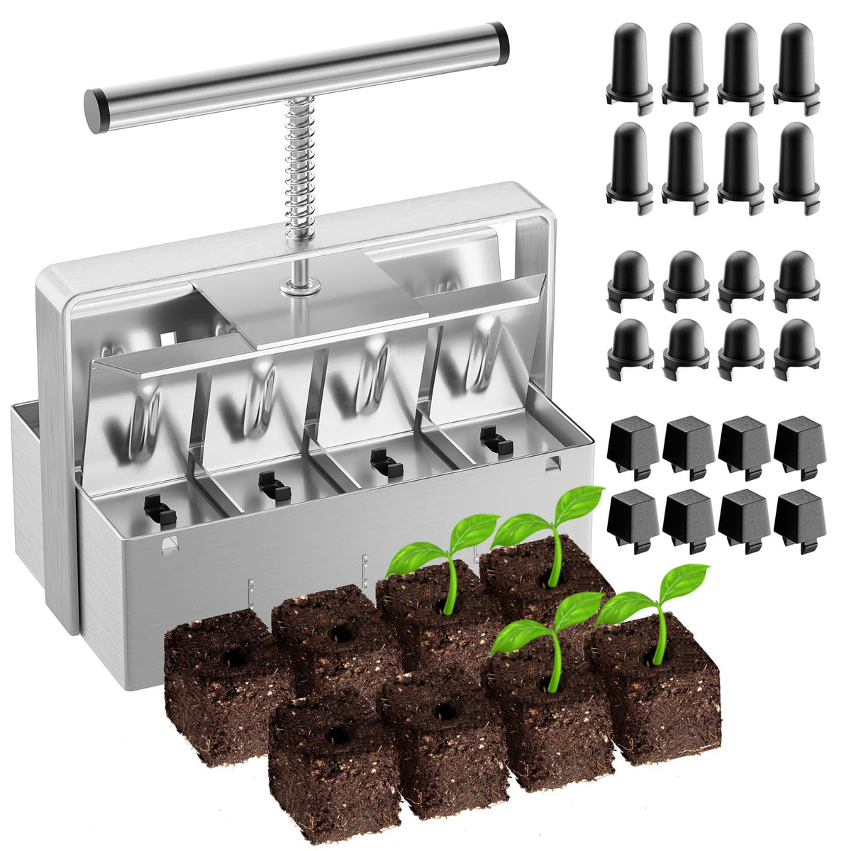 Nanovi 8-cell soil blocker forms 2-inch seed blocks for transplant-ready seedlings.