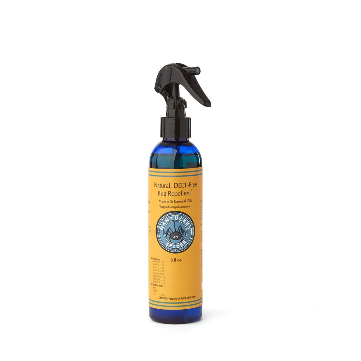 Nantucket Spider insect repellent 8oz bottle pouring to cover skin and clothing.