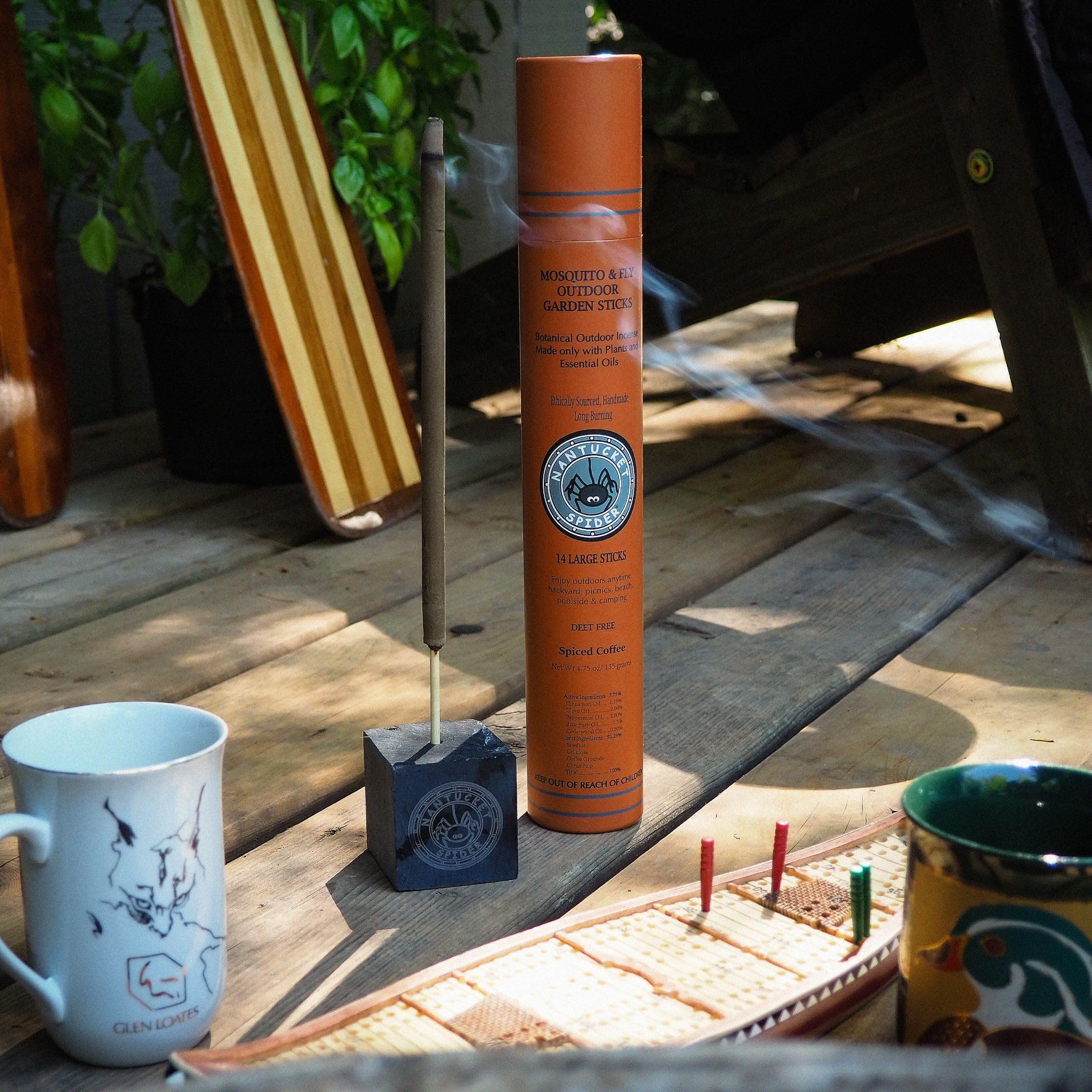 Nantucket Spider Mosquito Sticks spiced coffee burn provides warm outdoor aroma.