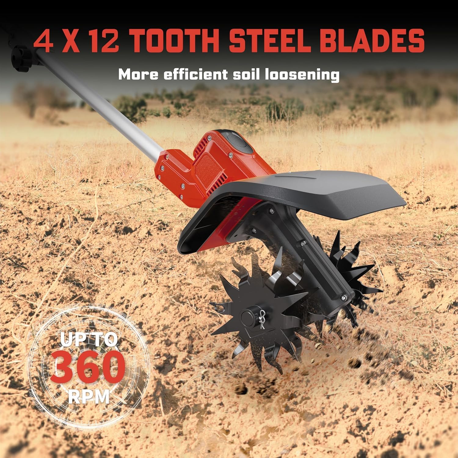 NAOKEV tiller operates at 360 rpm for quick soil preparation.