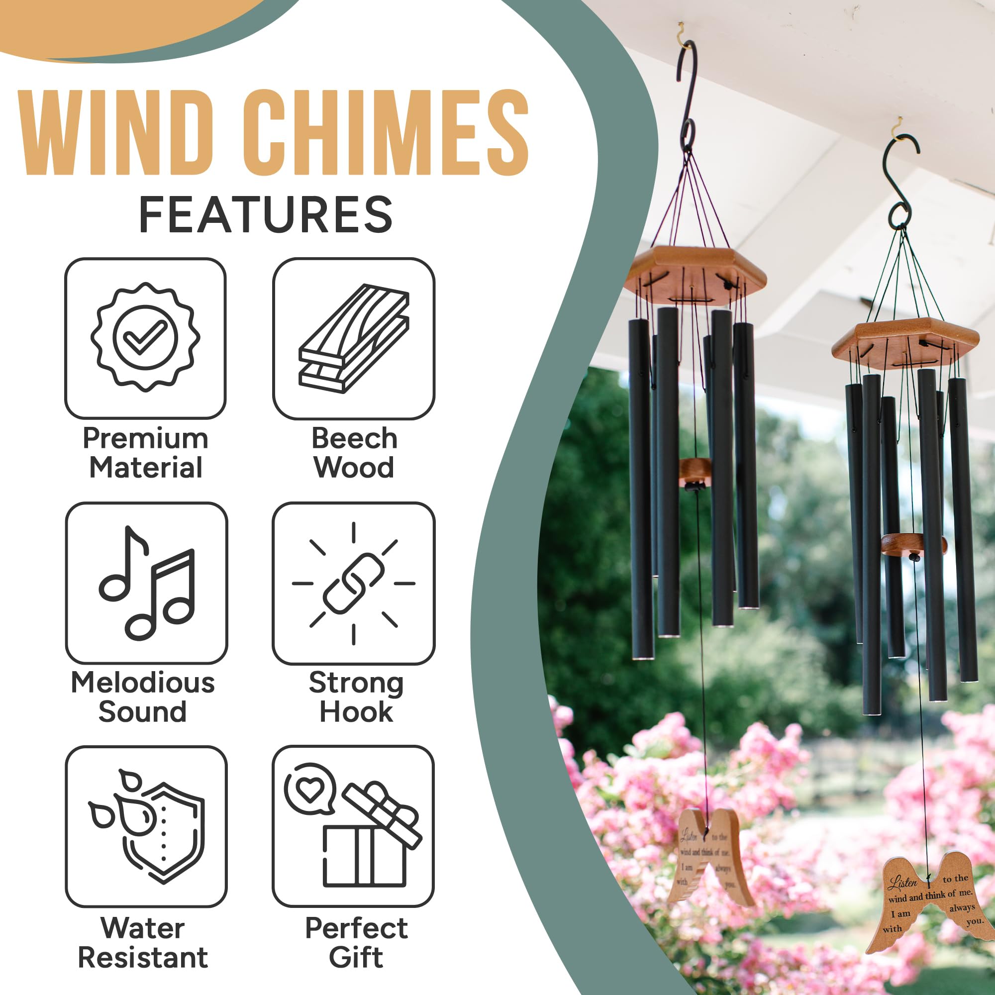 Naomi Catherine anodized aluminum wind chimes with six tubes, weather-resistant memorial.