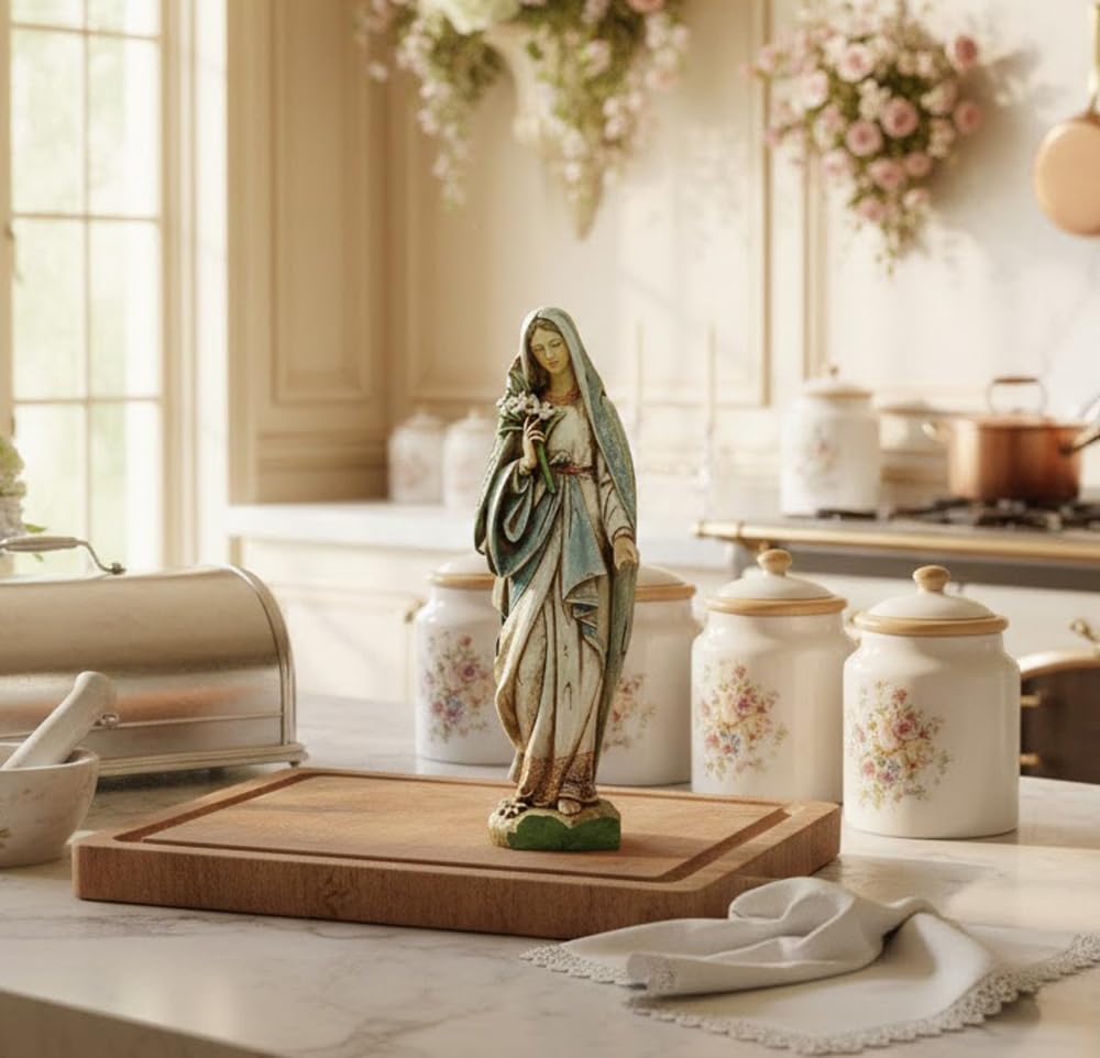 Napco Imports Mary holding lily bouquet ivory figurine suited for garden display