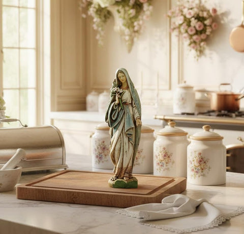 Napco Imports Mary holding lily bouquet ivory figurine suited for garden display