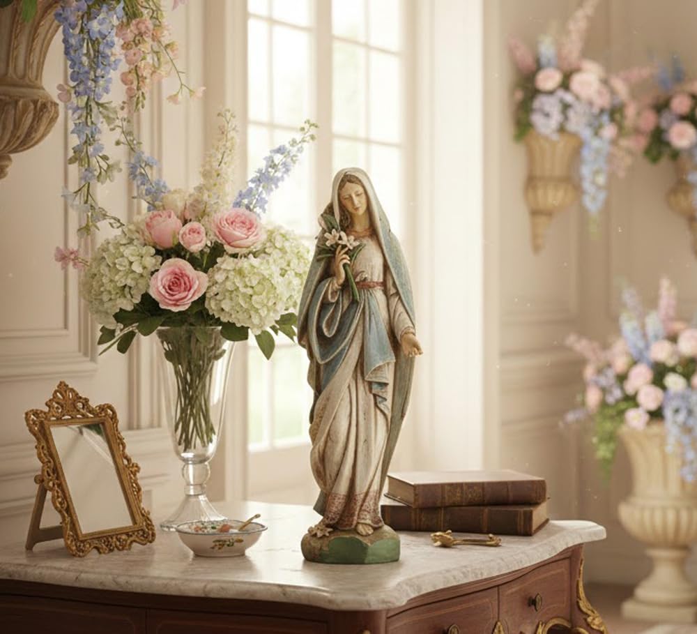 Napco Imports Mary holding lily bouquet ivory figurine on indoor shelf