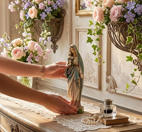 Napco Imports Mary holding lily bouquet ivory figurine perfect for patio decor