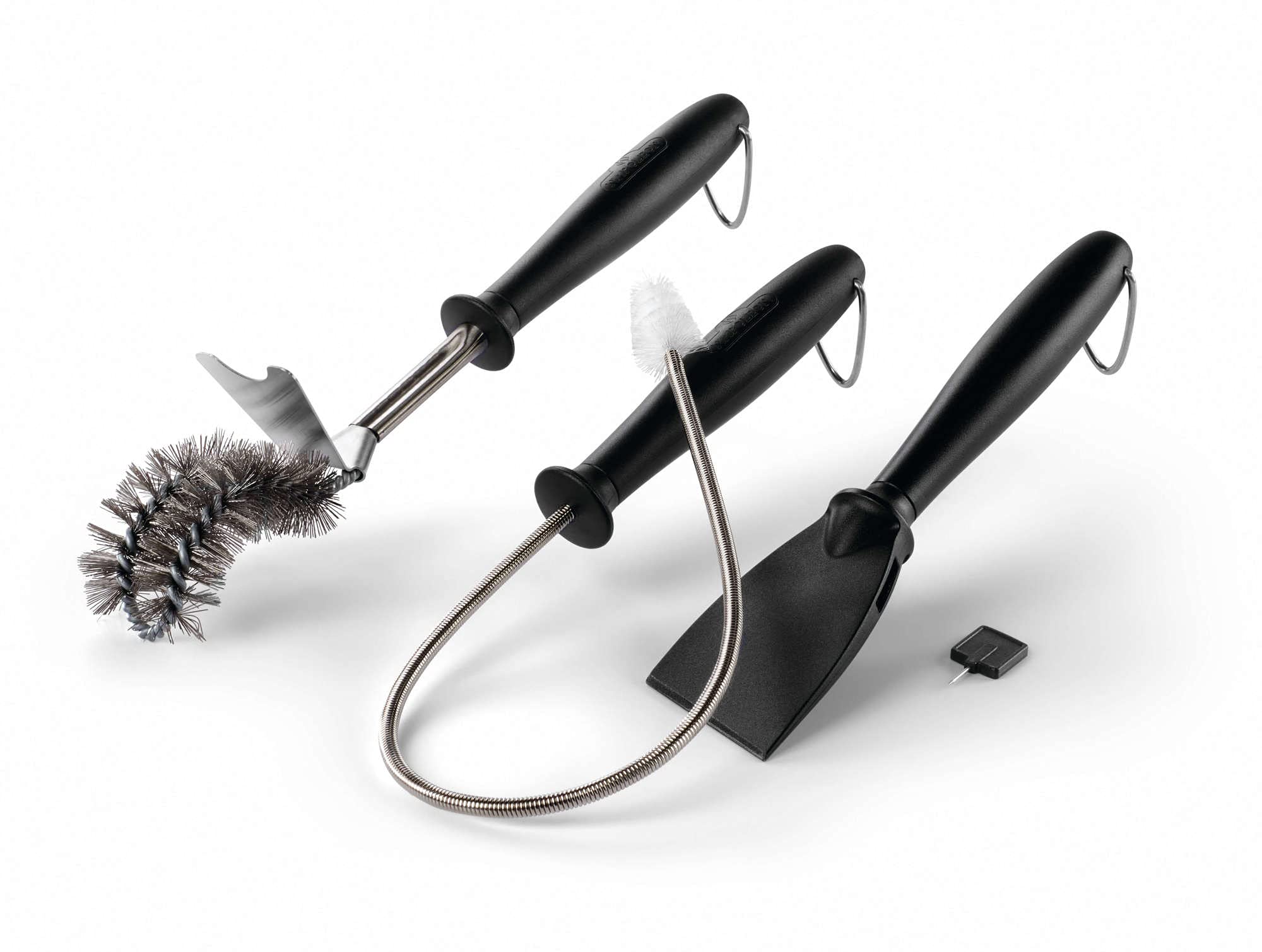 Napoleon angled cleaning brush with grid scraper for thorough grill maintenance.
