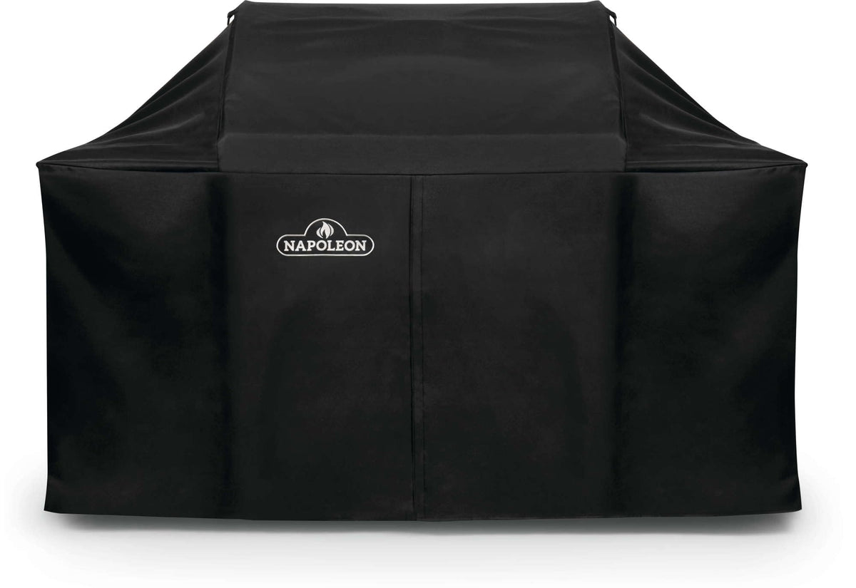 Napoleon Rogue 625 grill cover on grill offering full weather protection.