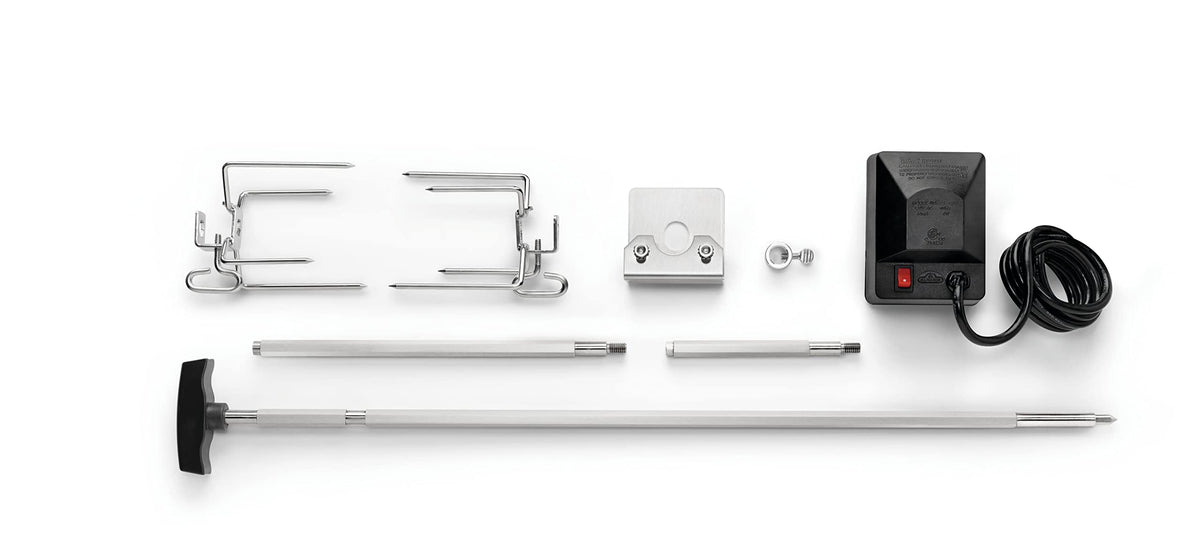 Napoleon rotisserie kit with 40.5-inch extension enabling even roasting on larger Rogue grills