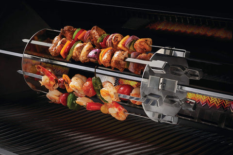 Napoleon rotisserie plates securing skewers in place during cooking