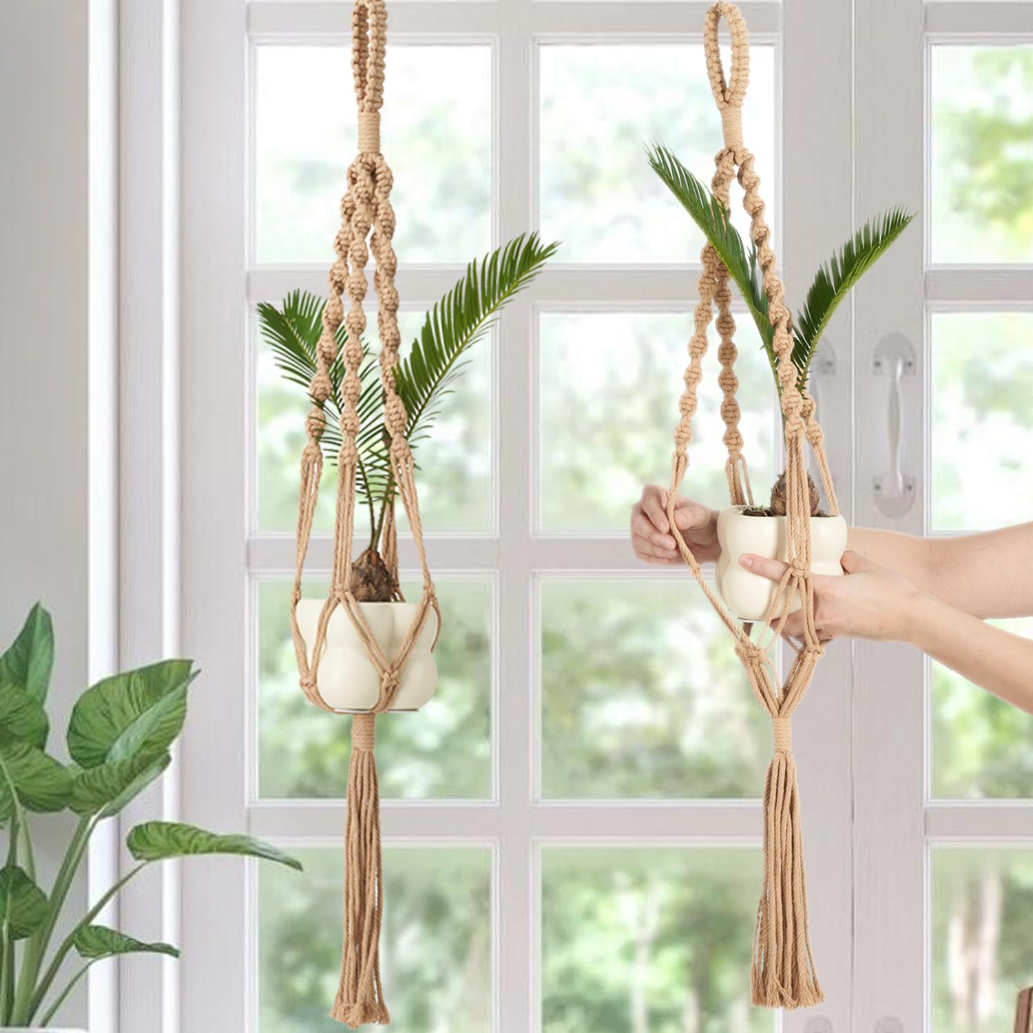 Nashibowu macrame hangers with simple hook installation.