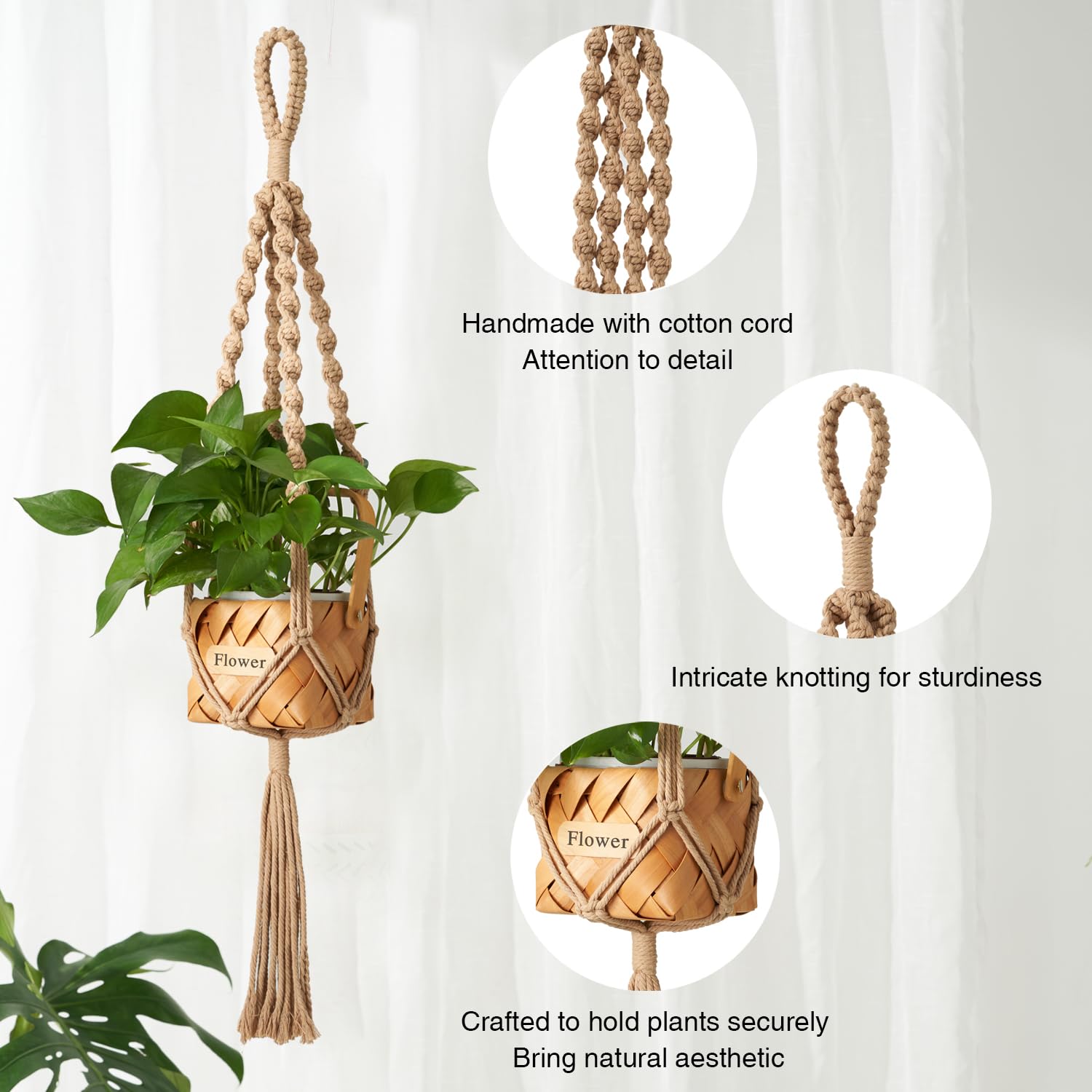 Nashibowu macrame hanger close-up showing sturdy cotton cords for multiple pots.
