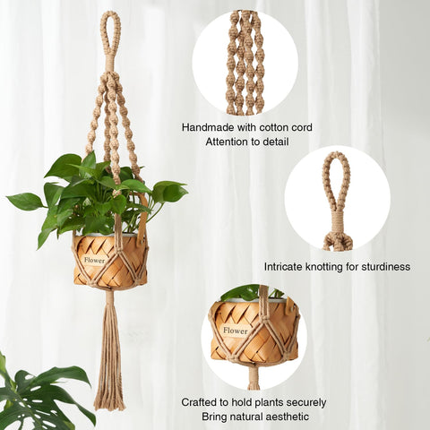 Nashibowu macrame hanger close-up showing sturdy cotton cords for multiple pots.