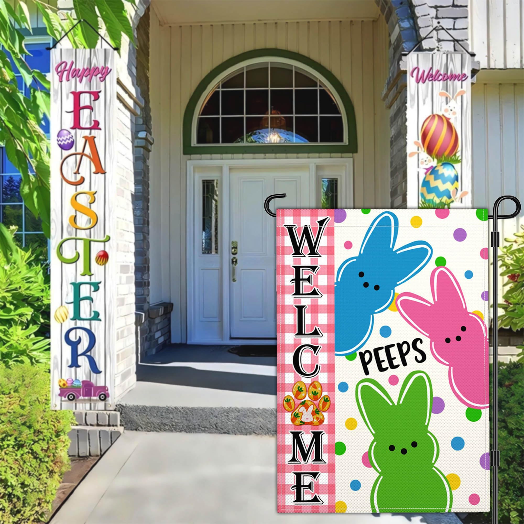 NASIAN Easter bunny peeps flag, vibrant print for garden display.