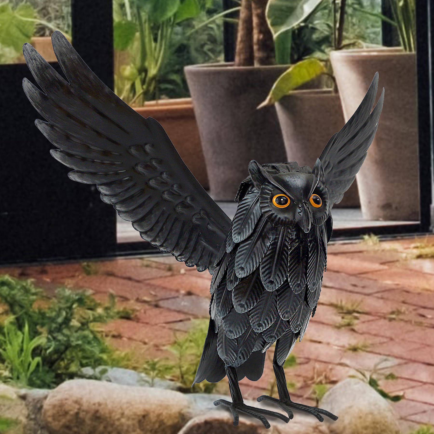 Natelf metal owl garden statue with rust-resistant finish for year-round use.