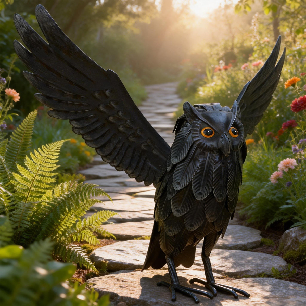 Natelf solar owl decoy standing statue deters outdoor birds and small pests.