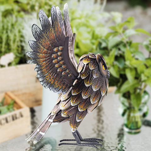 Natelf winged owl detail showcases lifelike feathers and sun-kissed shine.