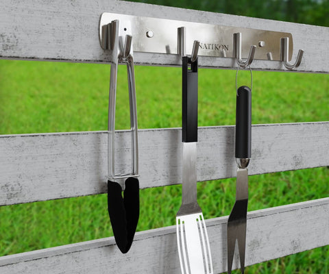 NATIKON outdoor grill setup demonstrates durable storage for tools beside the barbecue.