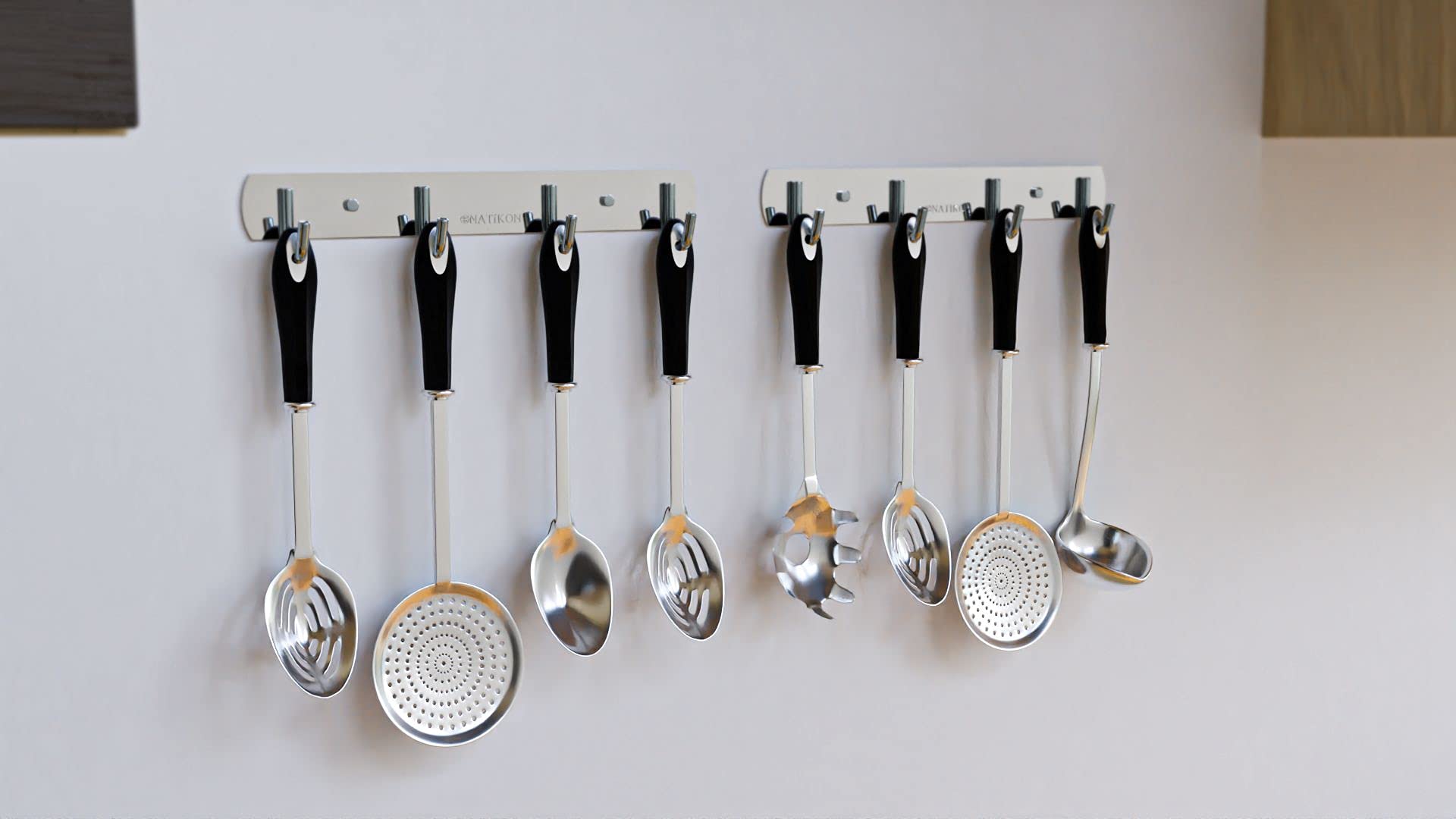 NATIKON rack hanger close-up shows sturdy hooks ready to hold spatulas and tongs.