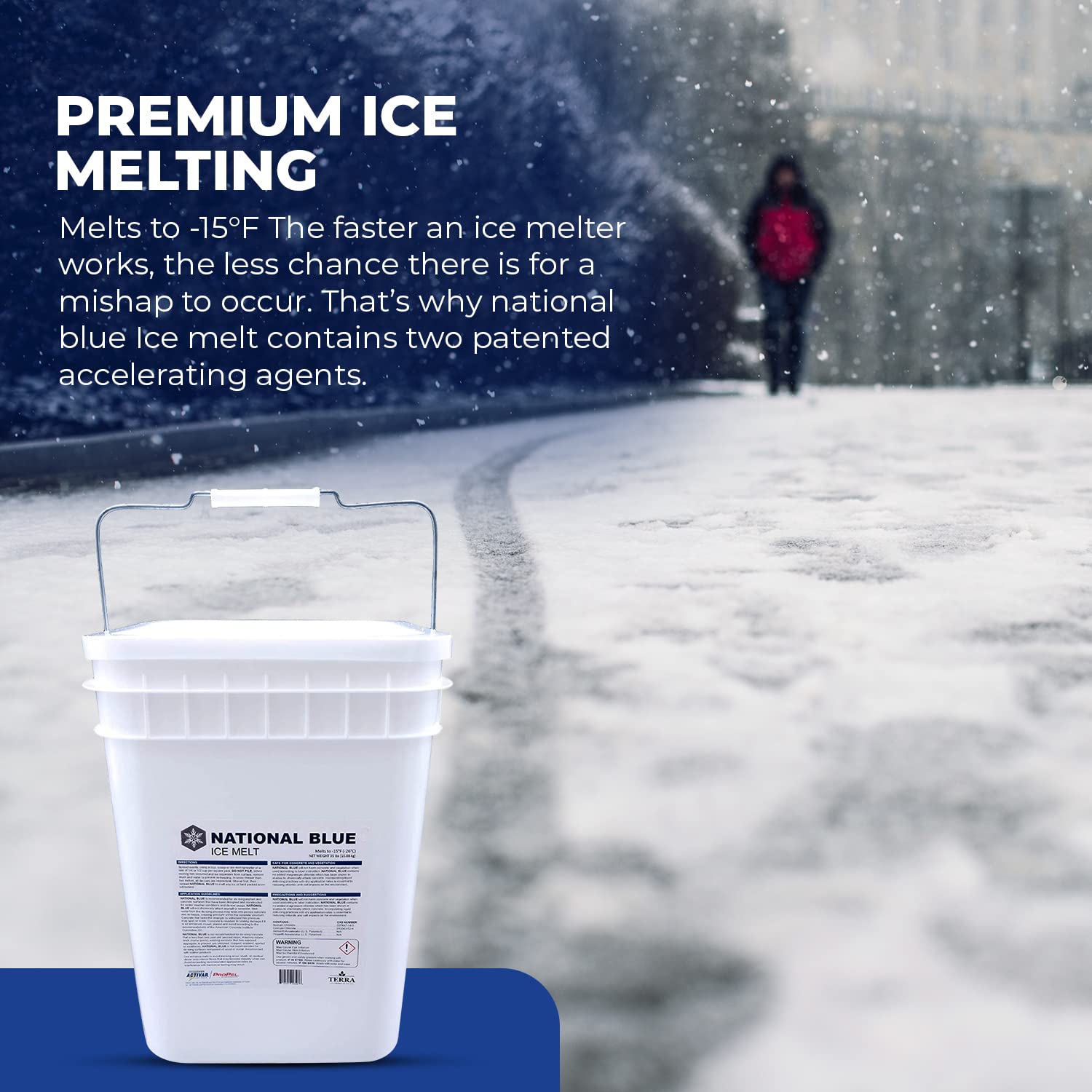 National Blue Ice Melt flowing easily through a spreader
