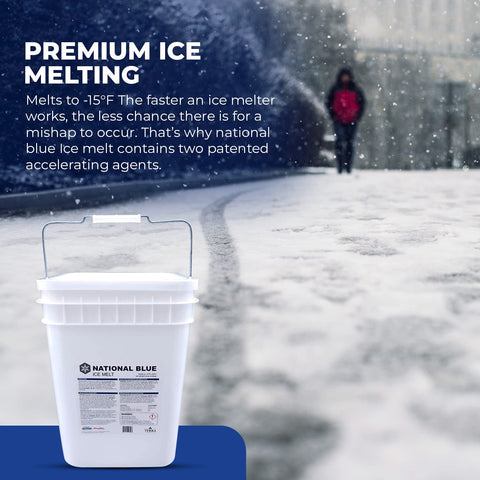 National Blue Ice Melt flowing easily through a spreader