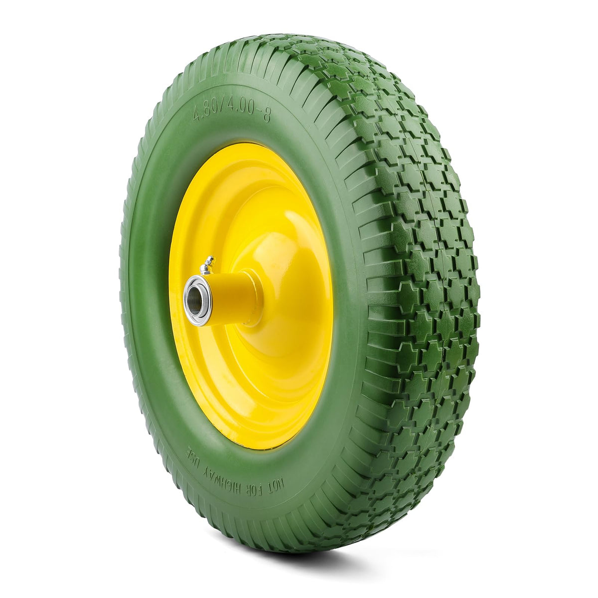 National Standard flat-free wheelbarrow tire on steel rim for industrial use.