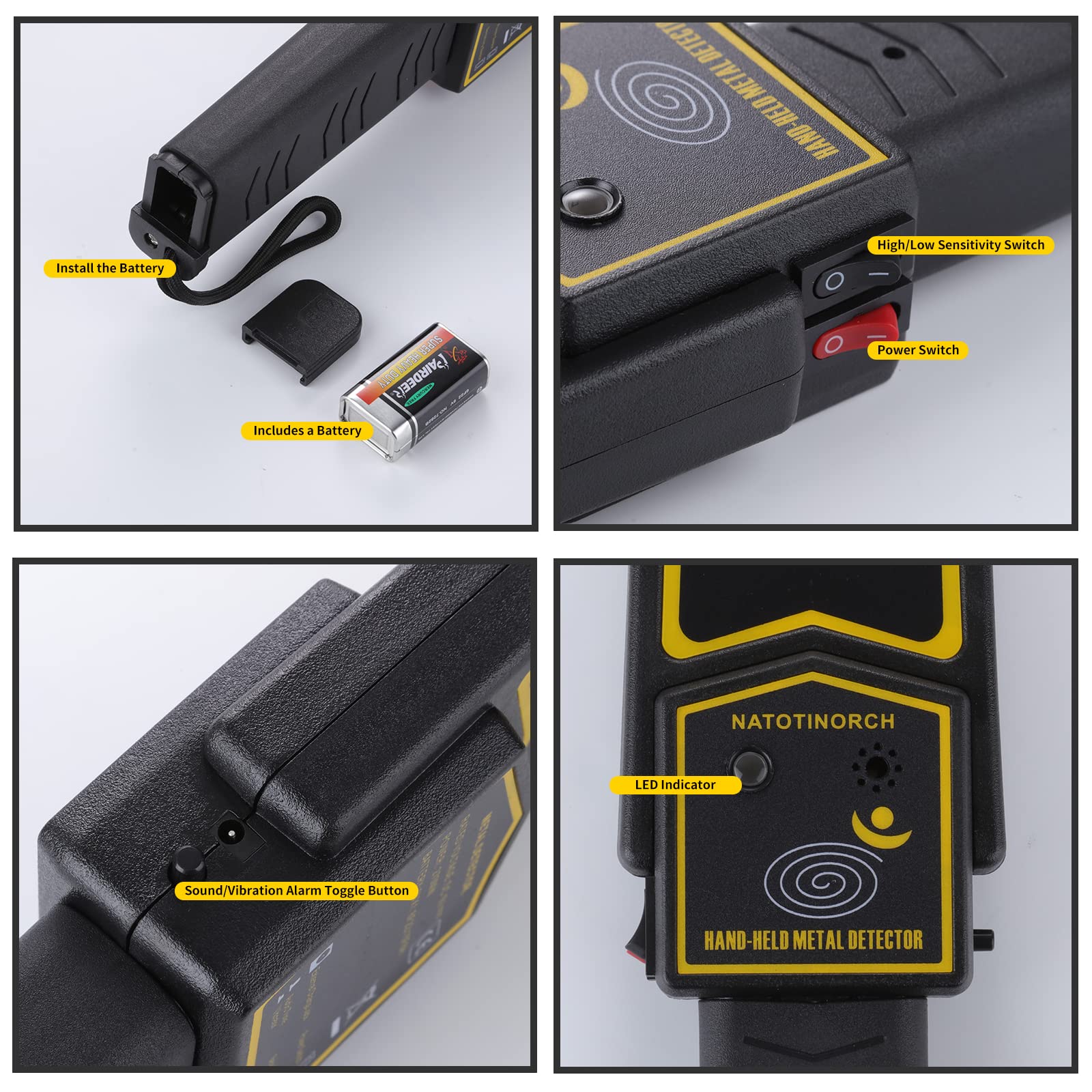 Natotinorch handheld detector wand in use during security check demonstrates alert capability