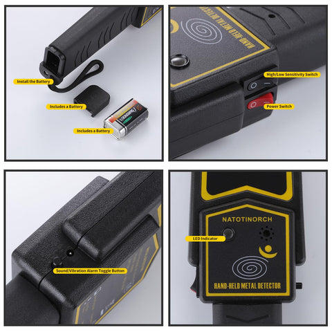 Natotinorch security wand with adjustable sensitivity for different object sizes.