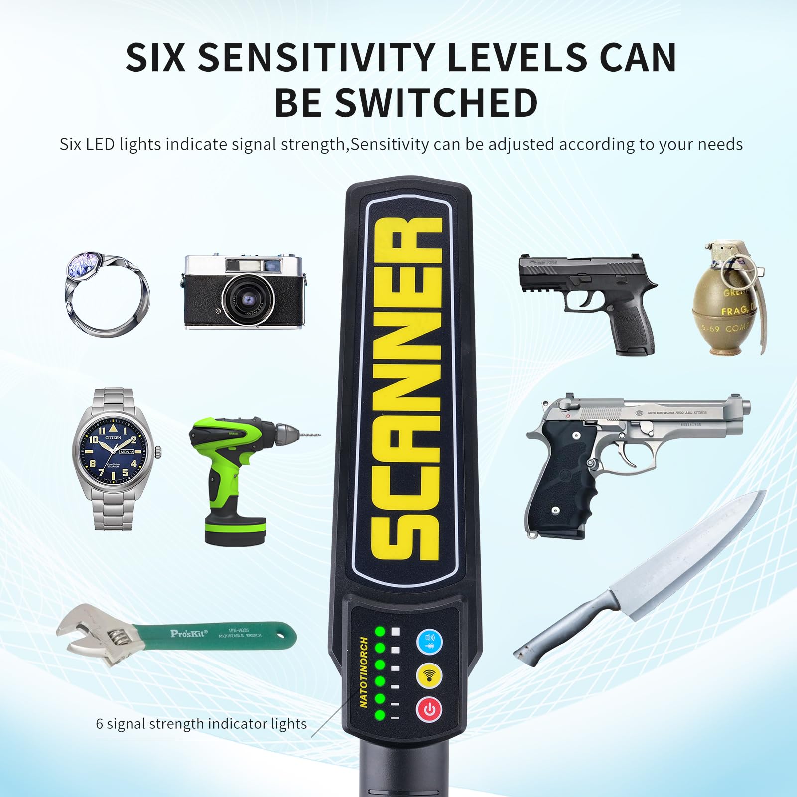 Natotinorch security wand offering sound and vibration alarm modes