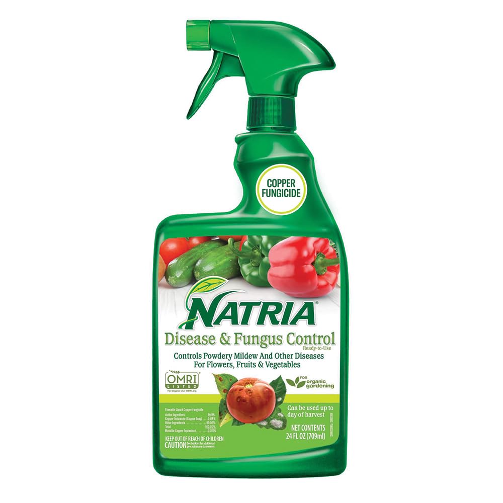 NATRIA Disease & Fungus Control bottle label showing ready-to-use copper fungicide for gardens
