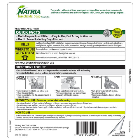 Natria Insecticidal Soap fast-acting spray reduces pests within minutes.