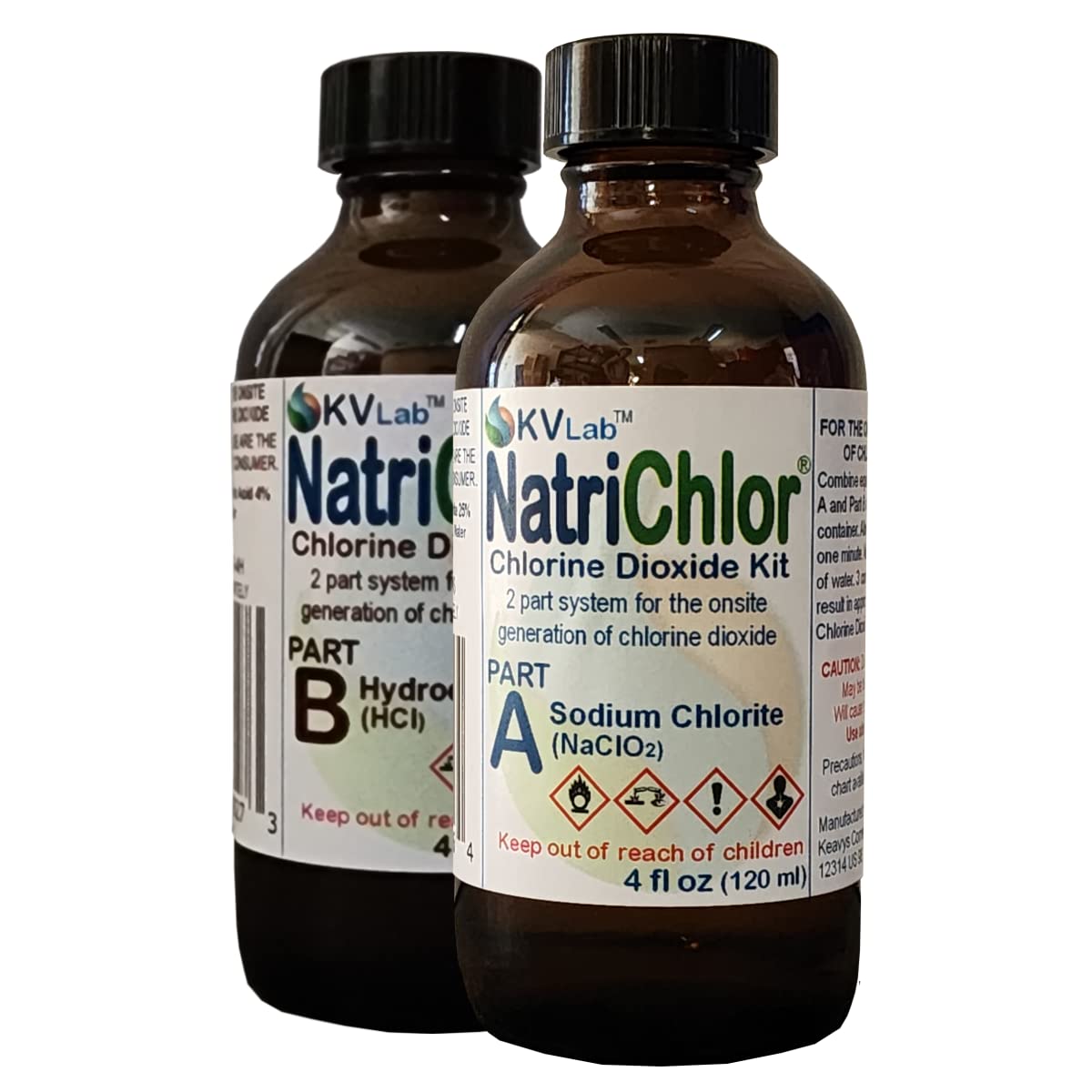 NatriChlor Original CD with HCL glass bottle 8 oz, front view for precise measurement.